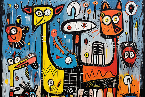 abstract artwork of cat and other animals on blue background